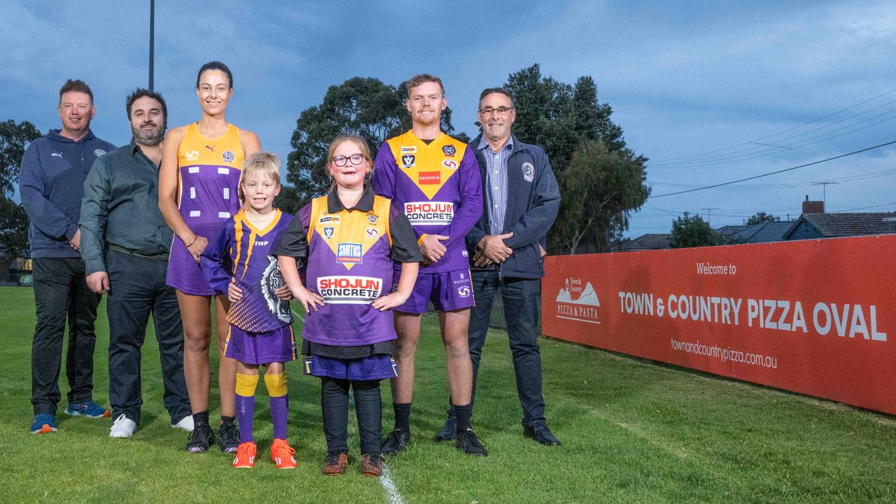 09-05-24 Thompson Football nad Netbal club have given oval naming right as a new sposorship deal. Michael Graham, Joe Rossi, Julia Mitchell, Cayson Graham, Alicha McLaren, Charley Donohue and Graig Jacka. Picture: Brad Fleet