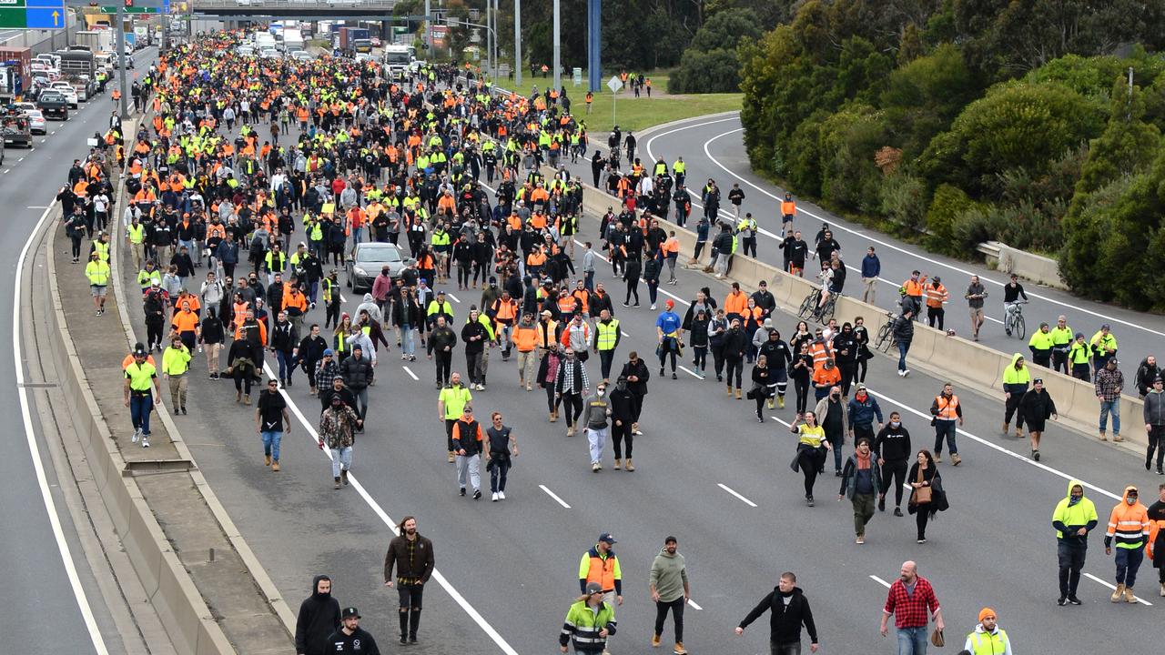 Protesters march along the West Gate Bridge on Tuesday. Picture: NCA NewsWire/Andrew Henshaw