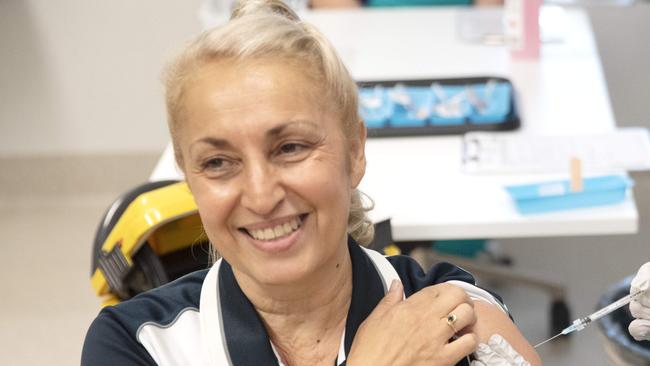 Andrea Perry was one of the first Gold Coast University Hospital workers to get a Covid-19 jab. Picture: Nigel Hallett