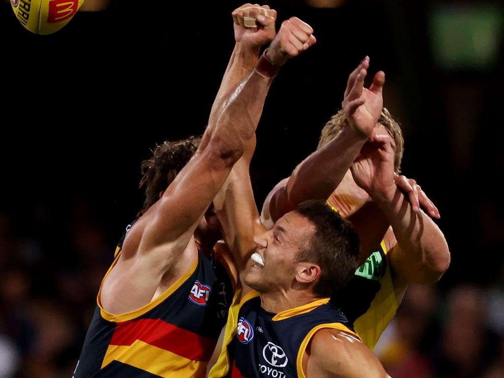 Adelaide players were all over the Tigers. Picture: Getty Images