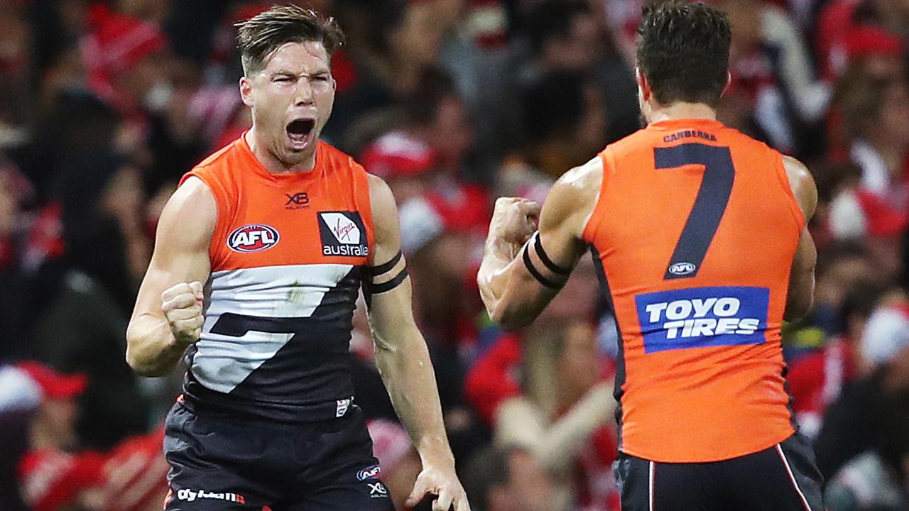 Toby Greene celebrates a goal during last year’s finals series. Picture: Phil Hillyard