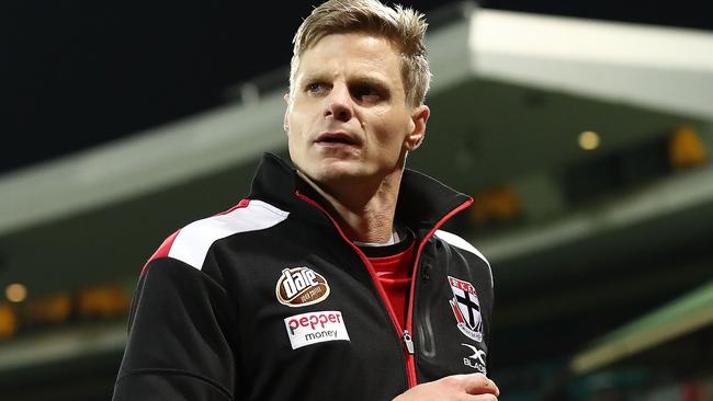 SYDNEY, AUSTRALIA - JULY 22: Nick Riewoldt of the Saints looks on before  the round 18 AFL match between the Sydney Swans and the St Kilda Saints at Sydney Cricket Ground on July 22, 2017 in Sydney, Australia.  (Photo by Ryan Pierse/Getty Images)