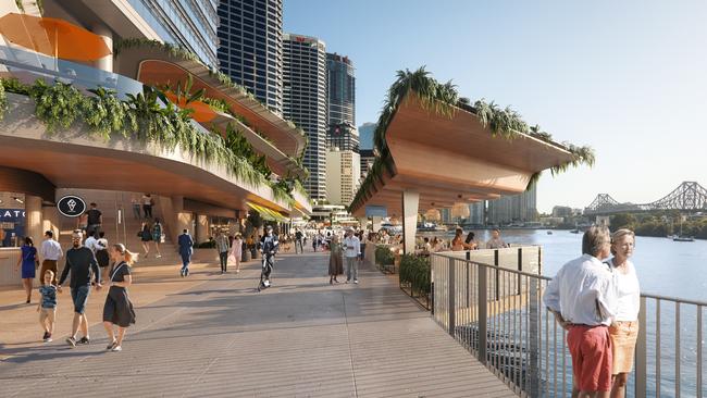 An artist’s impression of the riverwalk and retail precinct of the new $2.1 billion Waterfront Brisbane