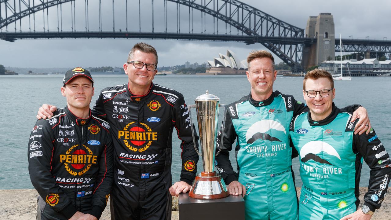 Supercars drivers Richie Stanaway, Garth Tander, James Courtney and Jack Perkins at the Bathurst 1000 launch in Sydney. Picture by Max Mason-Hubers