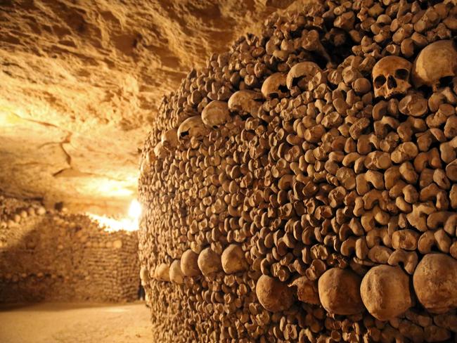 Inside the famous Paris Catacombs. Picture: Nicholas Eagar