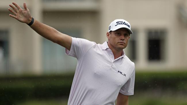 US golfer Nick Watney signals after a tee shot during the first round of the RBC Heritage golf tournament. Watney tested positive for COVID-19 and was forced to withdraw. Picture: AP