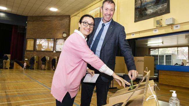 Groom MP LNP candidate Garth Hamilton and wife Louise cast their vote in the federal election at Centenary Heights State High School, Saturday, May 21, 2022. Picture: Kevin Farmer