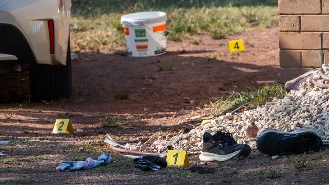 NT Police is investigating the shooting deaths of two Top End residents in Millner and Karama. Pictured is the crime scene established on Sprigg St, Millner. Picture: Pema Tamang Pakhrin