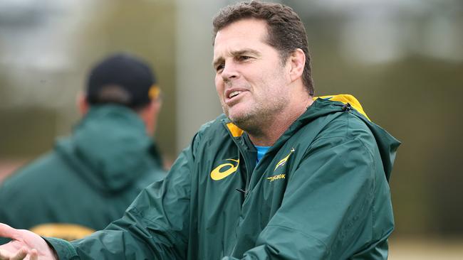 Rassie Erasmus gestures during a Springboks training at Churchie Grammar School.