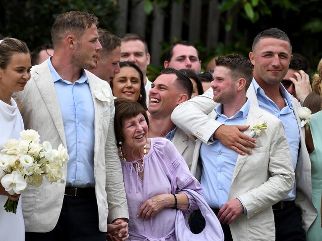 Sam Burgess (far right) did not bring his two children to his brother Tom’s wedding. Picture: Matrix Media Group