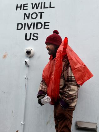 Shia LaBeouf during his anti-Trump installation earlier this year where he was arrested for assault. Picture: AFP/Timothy A. Clary