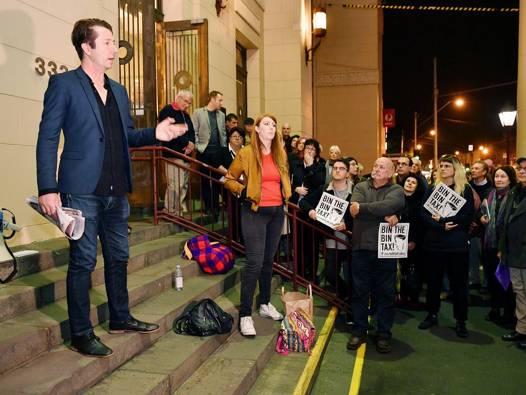Stephen Jolly speaks to supporters at a bin tax rally at Richmond Town Hall. Picture: Jake Nowakowski