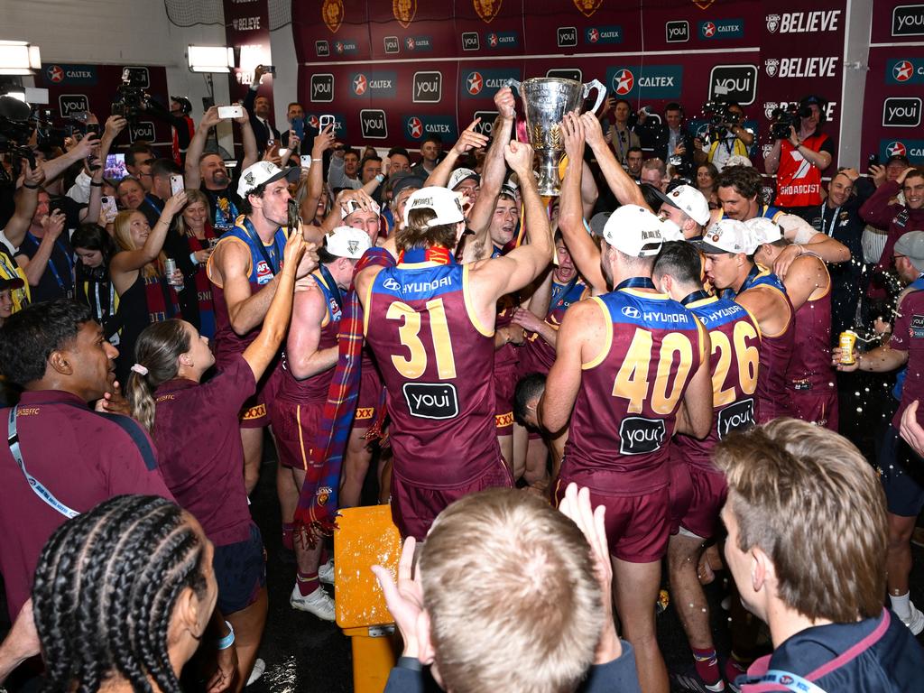 The Lions celebrate in the rooms. Picture: Quinn Rooney/Getty Images