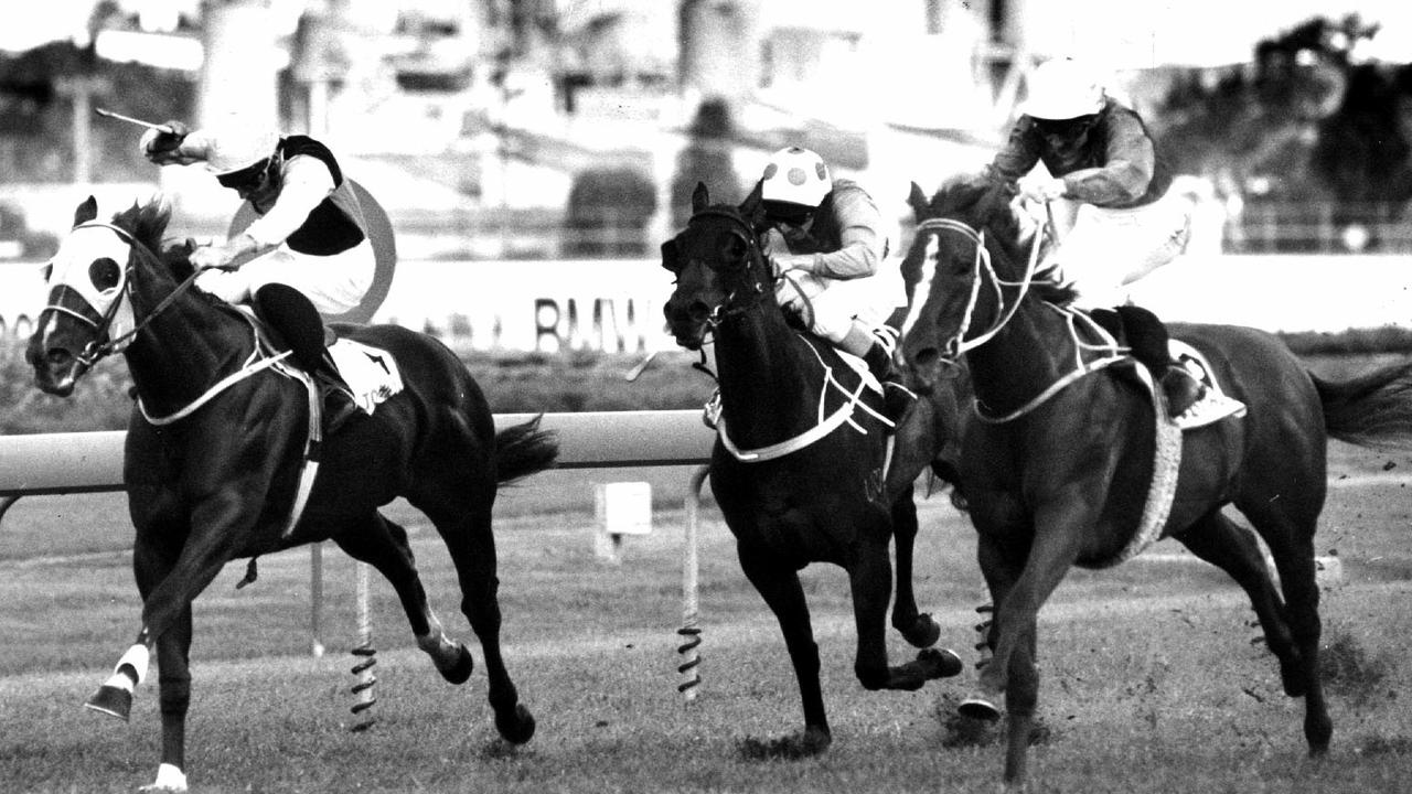 Racehorse Burst ridden by jockey Shane Dye winning race 5, the Golden Slipper Stakes at Rosehill in Sydney, 11/04/1992. Pic News Ltd.