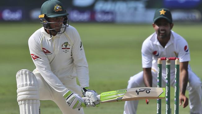 Usman Khawaja reverse sweeps his way into the record books. Picture: AP.