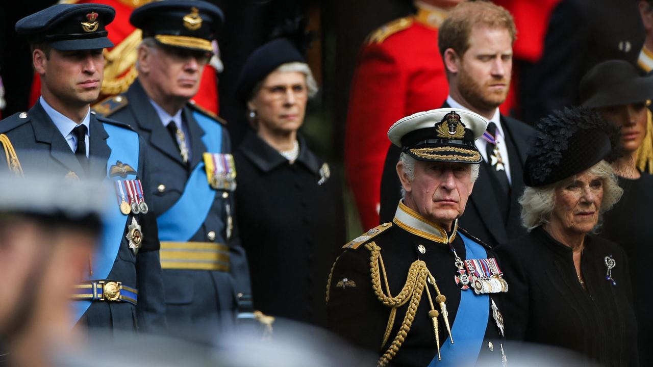 Prince William (left), King Charles III, Camilla, then Queen Consort, Prince Harry and and Meghan, Duchess of Sussex, after the State Funeral Service of Queen Elizabeth II. Picture: Isabel Infantes/Pool/AFP