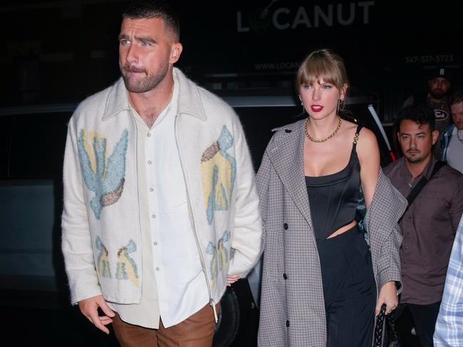 NEW YORK, NEW YORK - OCTOBER 15: Travis Kelce and Taylor Swift arrive at SNL Afterparty on October 15, 2023 in New York City. (Photo by Gotham/GC Images)