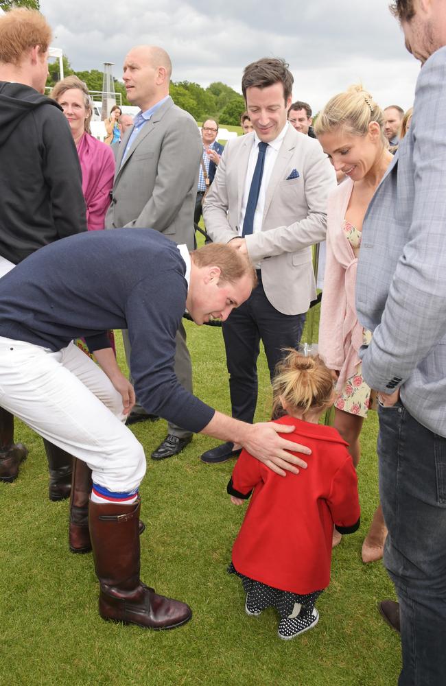 Howdy ... Prince William, Duke of Cambridge meets Elsa Pataky, Chris Hemsworth and daughter India Rose Hemsworth at the Polo at Coworth Park, Ascot. Picture: Getty