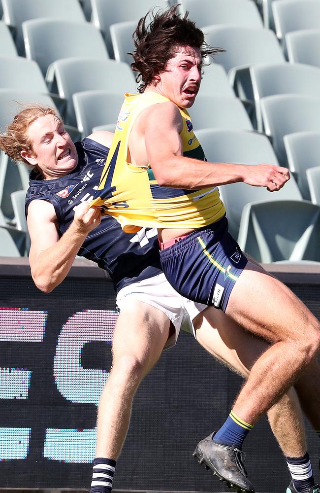 Lachie Jones (right) is from Bute on the Yorke Peninsula and has emerged at Woodville-West Torrens in the SANFL. Picture: Sarah Reed