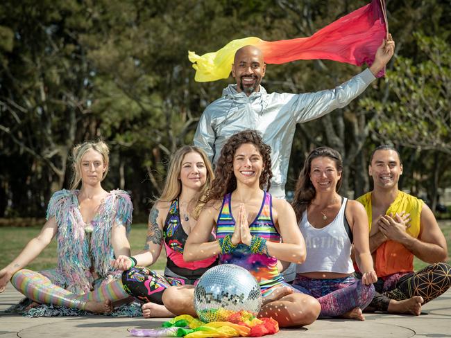 Aliy Potts, Kristen Marconi, Jessica Bancroft, Amanda Jayne Cafearo, Chibs Okereke and Charlie Mana are ready for the Daybreaker sober dance party at Centennial Park on February 28. Picture: Julian Andrews