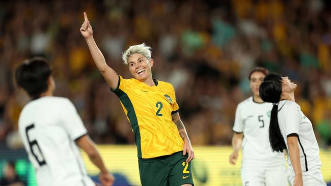 Michelle Heyman celebrates her second goal at Marvel Stadium on Wednesday night. Picture: Robert Cianflone/Getty Images.