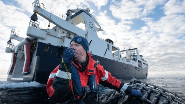 Captain Peter Hammarstedt on the bow of the Tempest, getting a closer look at the krill supertrawler. Picture: Flavio Gasperini for Sea Shepherd Global