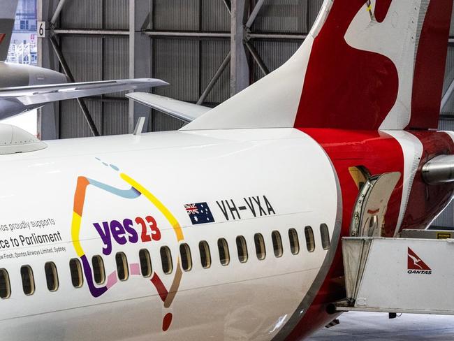 Qantas has unveiled its new livery on three aircraft, in support of the Voice to Parliament referendum. Picture: Qantas