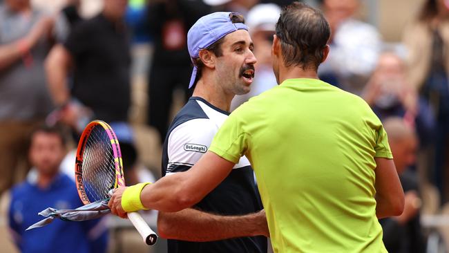 Jordan Thompson was unable to add to the string of French Open upsets in going down to 13-time champion Rafael Nadal. Picture: Getty Images