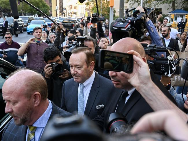 NEW YORK, NEW YORK - OCTOBER 06: Actor Kevin Spacey is surrounded by members of the media and fans as he leaves the US District Courthouse on October 06, 2022 in New York City. SpaceyÃ¢â¬â¢s trial began today with jury selection after allegations of alleged sexual misconduct surfaced in 2017 by actor Anthony Rapp. (Photo by Alexi J. Rosenfeld/Getty Images)