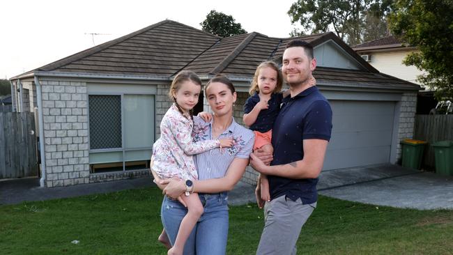 Alice Fisher and Jade Hyde with their kids Riley Hyde 5yrs and Thomas Hyde 2yrs, Jade and his family had assistance from their family in order to break into the competitive Brisbane property market, Goodna, on Wednesday 6th September 2023 - Photo Steve Pohlner