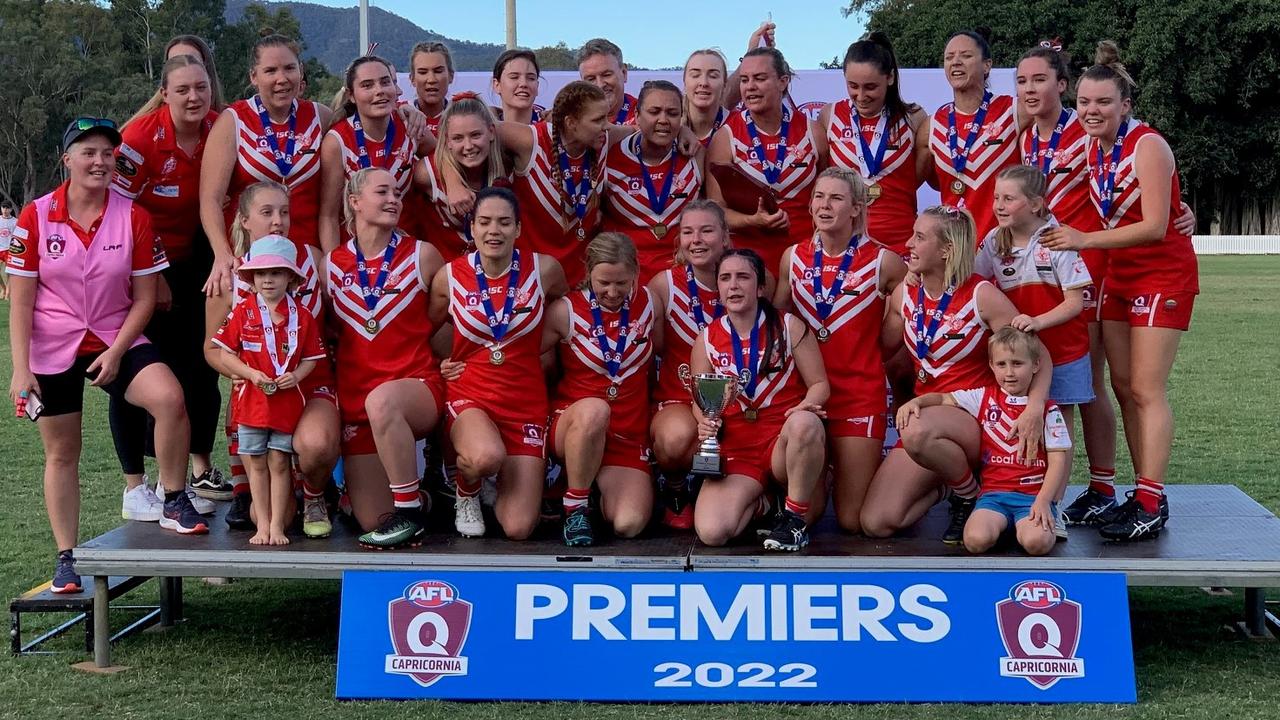 The Yeppoon Swanettes celebrate after claiming the AFL Capricornia senior women’s flag.