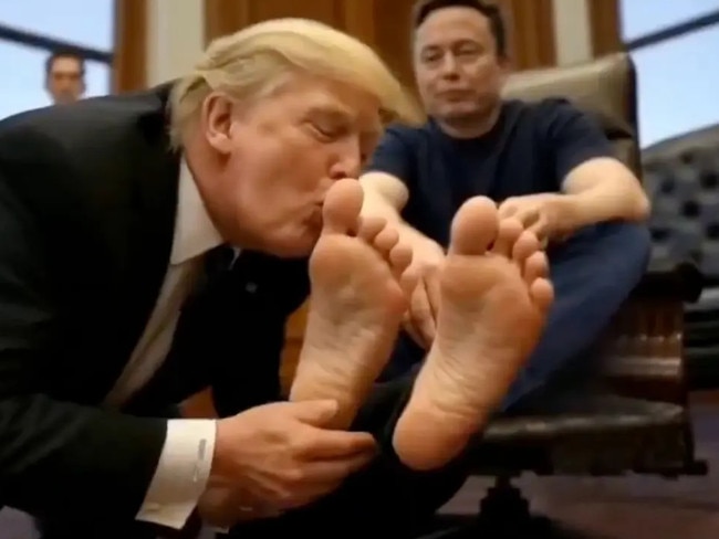 ** AI generated image ** Hackers have played images doctored by AI showing President Donald Trump kissing the feet of Elon Musk on video screens across to US federal departments. , Screens throughout the Department of Housing and Urban Development’s headquarters hacked into to display the images with the text “Long live the real king. took over video screens across two US federal departments have been hacked taken over by images purporting to show ” SUPPLIED