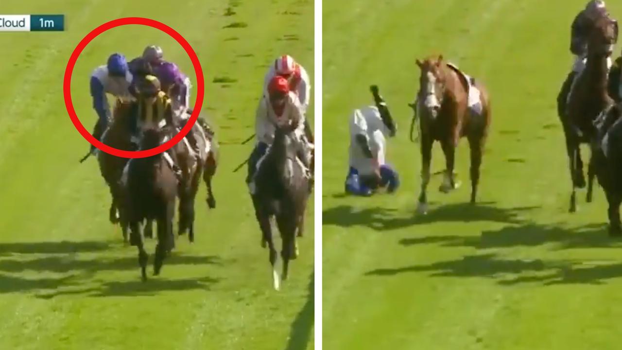‘Oh, dear me’: 22yo jockey sent flying after being ELBOWED off horse by rival in sickening scenes