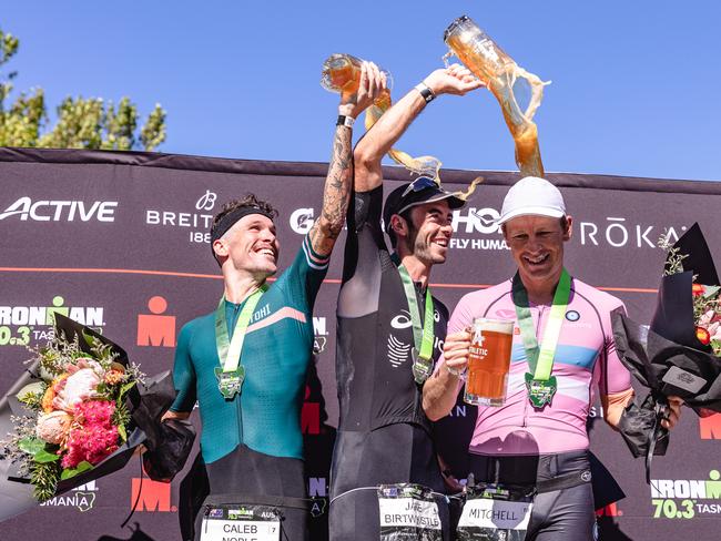 Ironman 70.3 Tasmania menÃ•s podium. L-R 3rd Place, Caleb Noble, Winner Jake Birtwhistle and Mitch Kirby, 2nd place. Picture: Linda Higginson