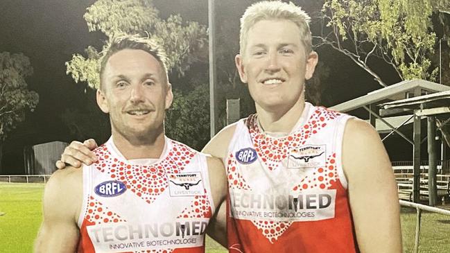 St Mary’s influence: Ryan Smith and teammate Adam Parry after Katherine Souths' 33-point win over the Northern Warlpiri Swans in the preliminary final.