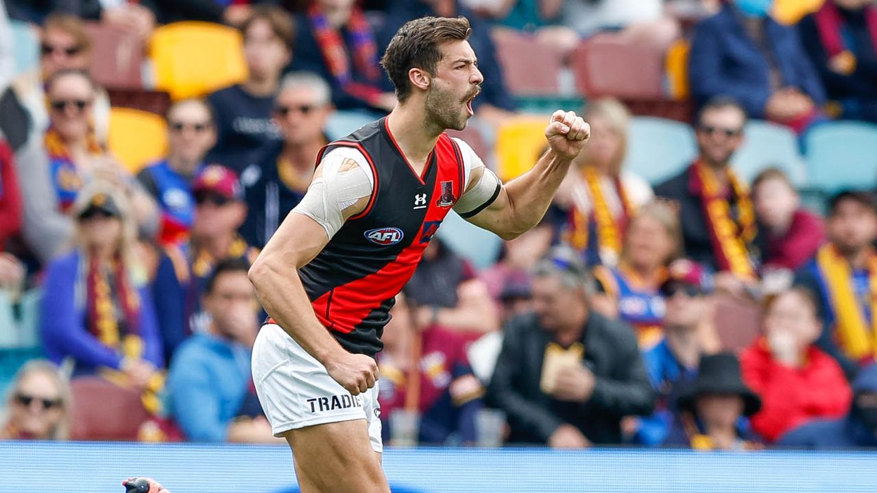 Kyle Langford of the Bombers celebrates a goal. Picture: Russell Freeman