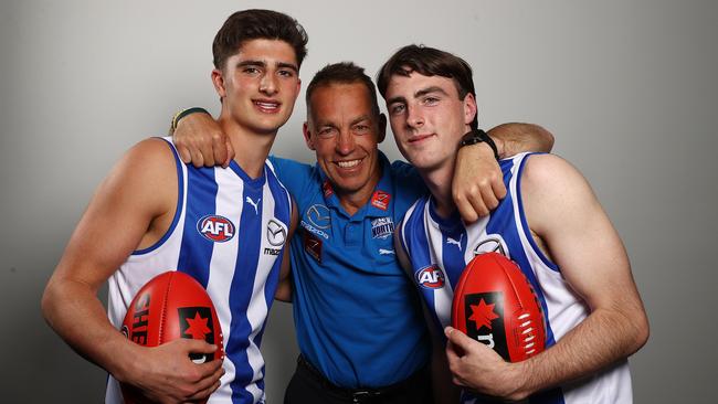 Alastair Clarkson with North’s draftees Harry Sheezel and George Wardlaw. Picture: Michael Klein