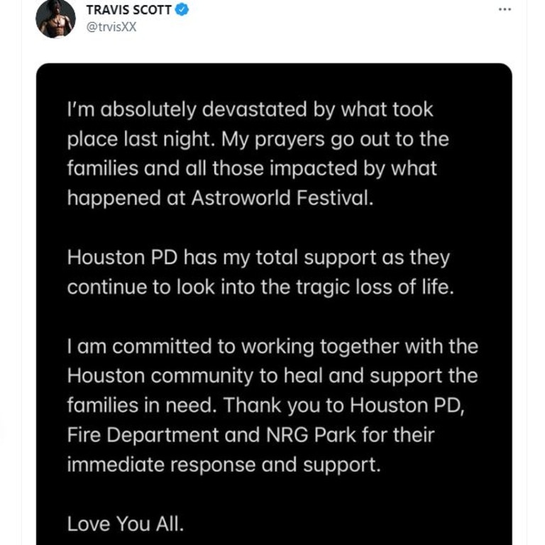 Travis Scott said he was ‘absolutely devastated’ after learning eight people died at his Houston concert. Picture: Twitter