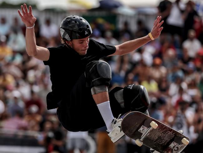 BUDAPEST, HUNGARY - JUNE 23: Keegan Palmer of Australia competes during the men's skateboarding park final at the Olympic Qualifier Series on June 23, 2024 in Budapest, Hungary. (Photo by David Balogh/Getty Images)