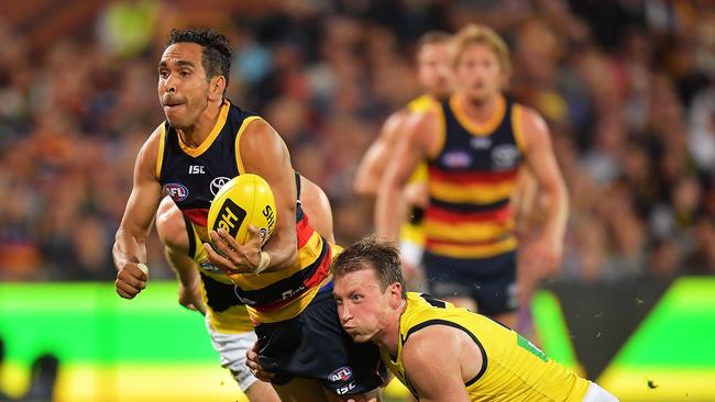 Eddie Betts under pressure against Richmond. He is yet to kick a goal this season. Picture: Daniel Kalisz/Getty Images