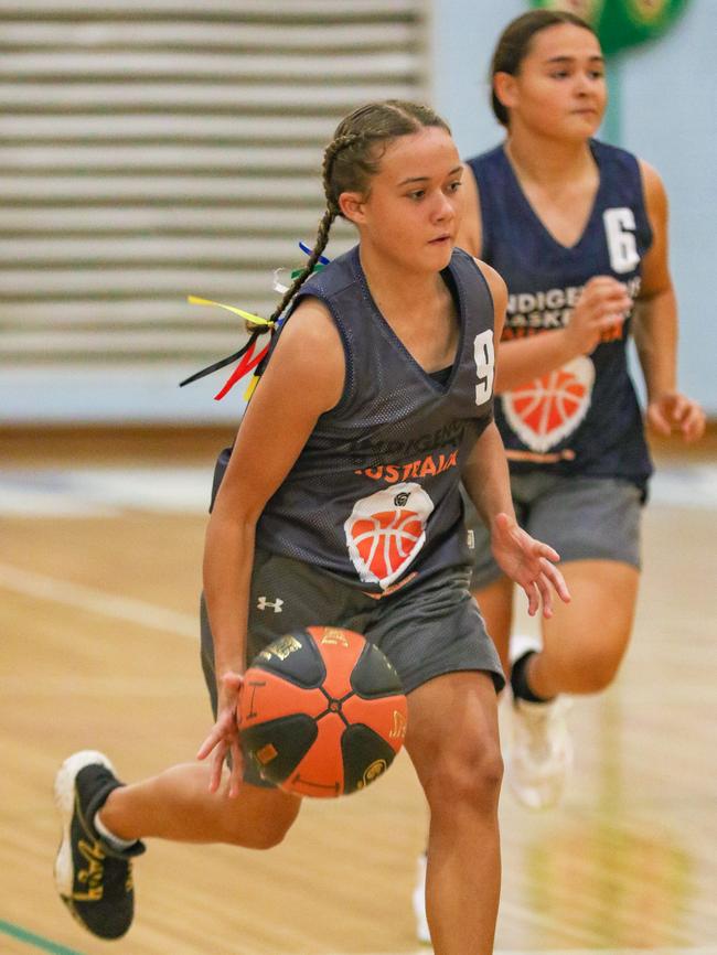 Shakaila Gardiner-Dunn’s constant running up and down the court helped Gakkinga win the inaugural girls’ Indigenous Community Basketball League at Marrara. Picture: Glenn Campbell