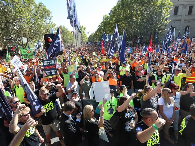 Thousands of workers have begun a protest against the slashing of penalty rates and the Federal Government’s tough new building code. Picture: Alex Coppel.