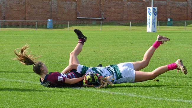 SOLID SEASON: The Coddette's Zara Bambling pulling off a massive tackle in the grand final game against Toowoomba Bears. Picture: Contributed