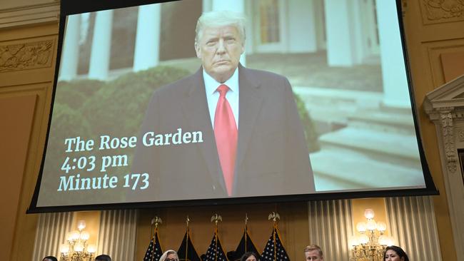 A January 6 video of Former US President Donald Trump telling his supporters to go home, is seen on screen during a hearing by the House Select Committee to investigate the January 6th attack on the US Capitol.