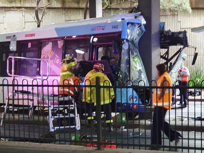 The front of the bus crumpled after striking a pylon. Picture: Twitter