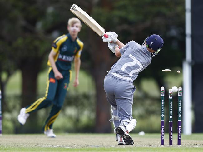 Wests Joseph Vandenbergh bowling out Stockton's Benjamin Leroux Miny. Wests Newcastle v Stockton in round four of the 2024 SG Moore Cup cricket, at Harker Oval. Picture: Michael Gorton