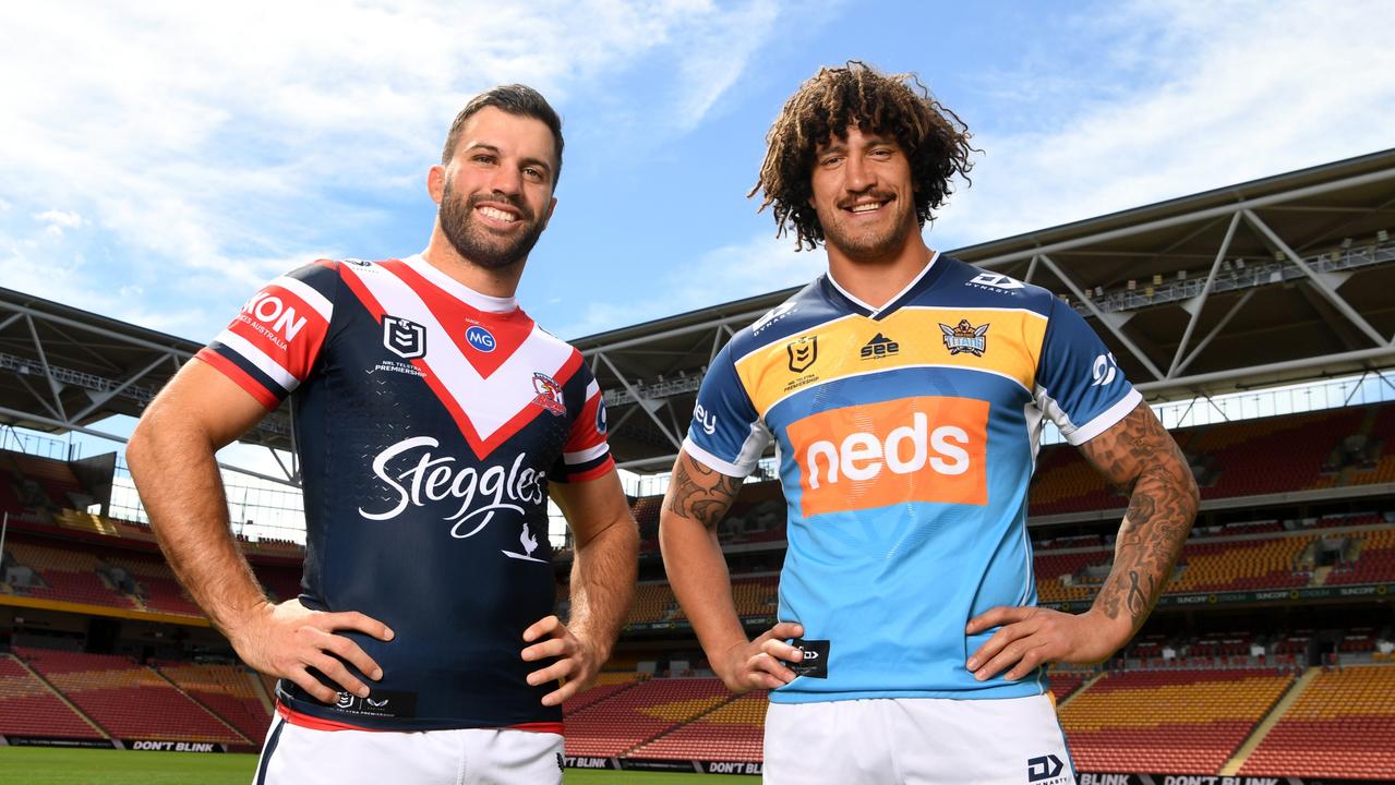 Sydney Roosters captain James Tedesco and Gold Coast Titans captain Kevin Proctor. Picture: Dan Peled/Getty Images