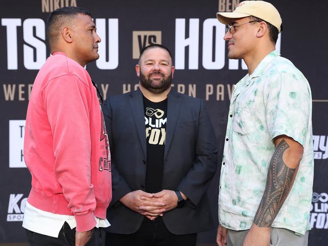 Justin Hodges and Jordan Simi face off at the Tszyu v Horn 2.0 press conference. Picture: No Limit Boxing/Brett Costello