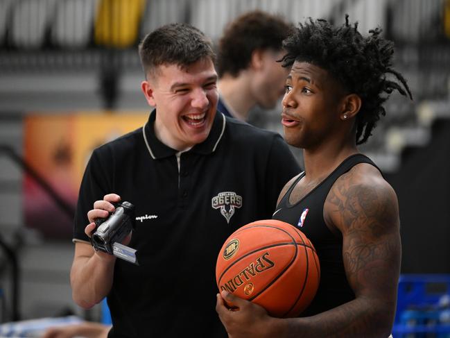 Adelaide star Kendric Davis and Dejan Vasiljevic share a laugh. Picture: Getty Images