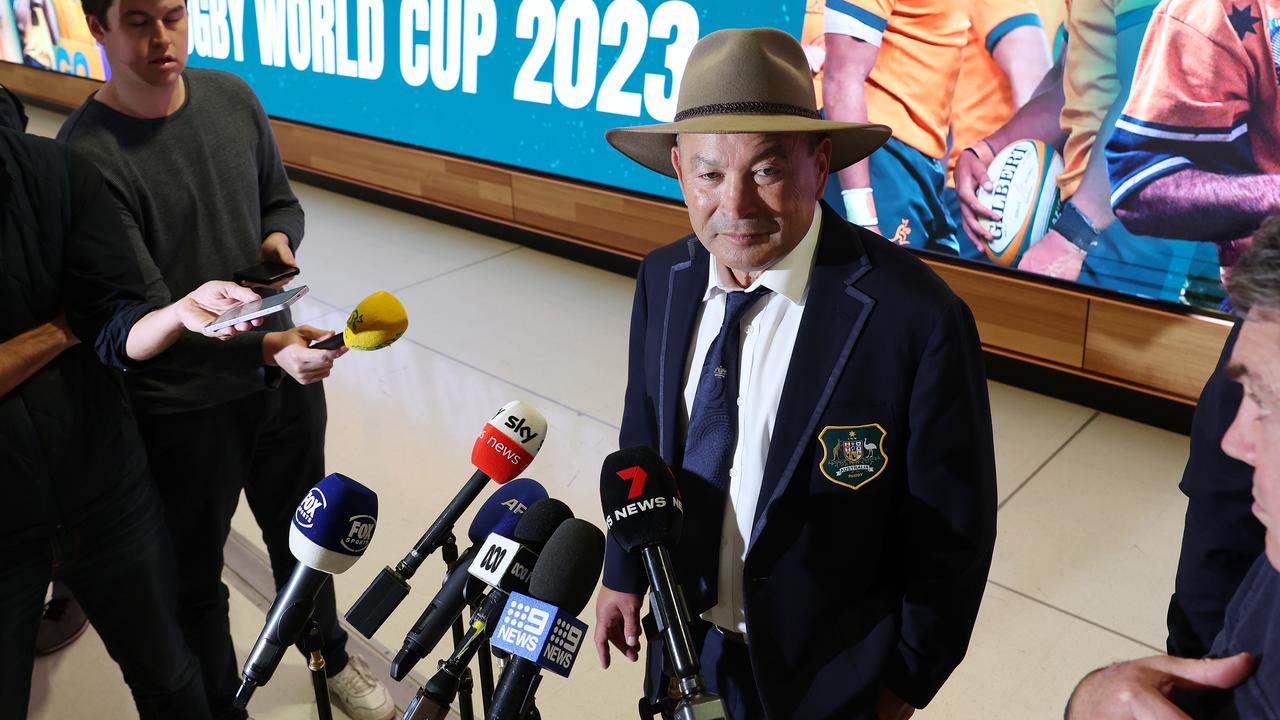 Wallabies head coach Eddie Jones speaks to media at Sydney International Airport. Photo by Mark Metcalfe/Getty Images